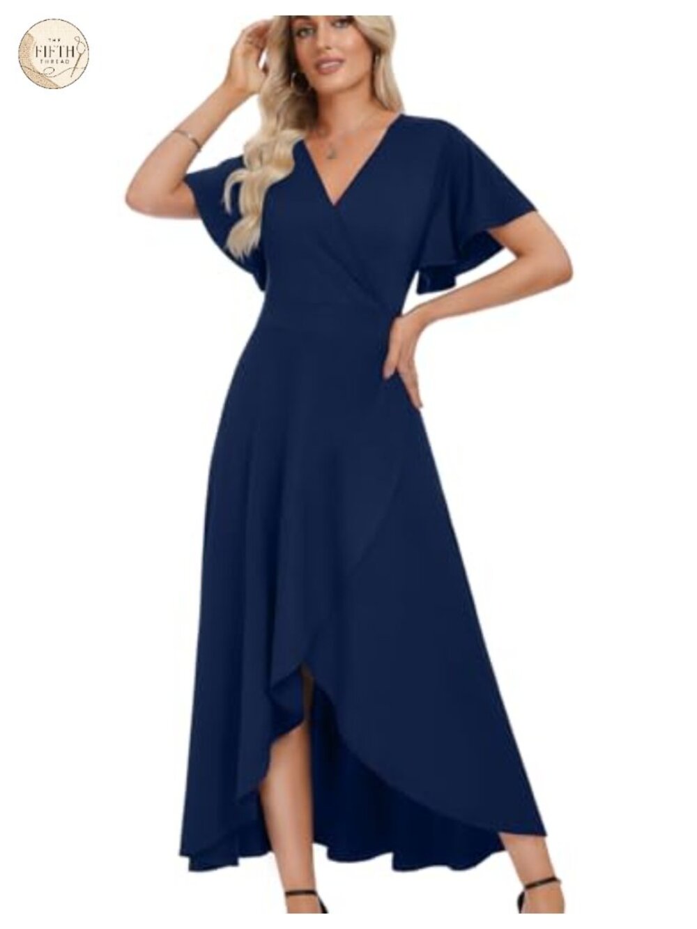 V Neck Ruffle Sleeve Maxi Dress Split Wrap Waist Formal Wedding Guest